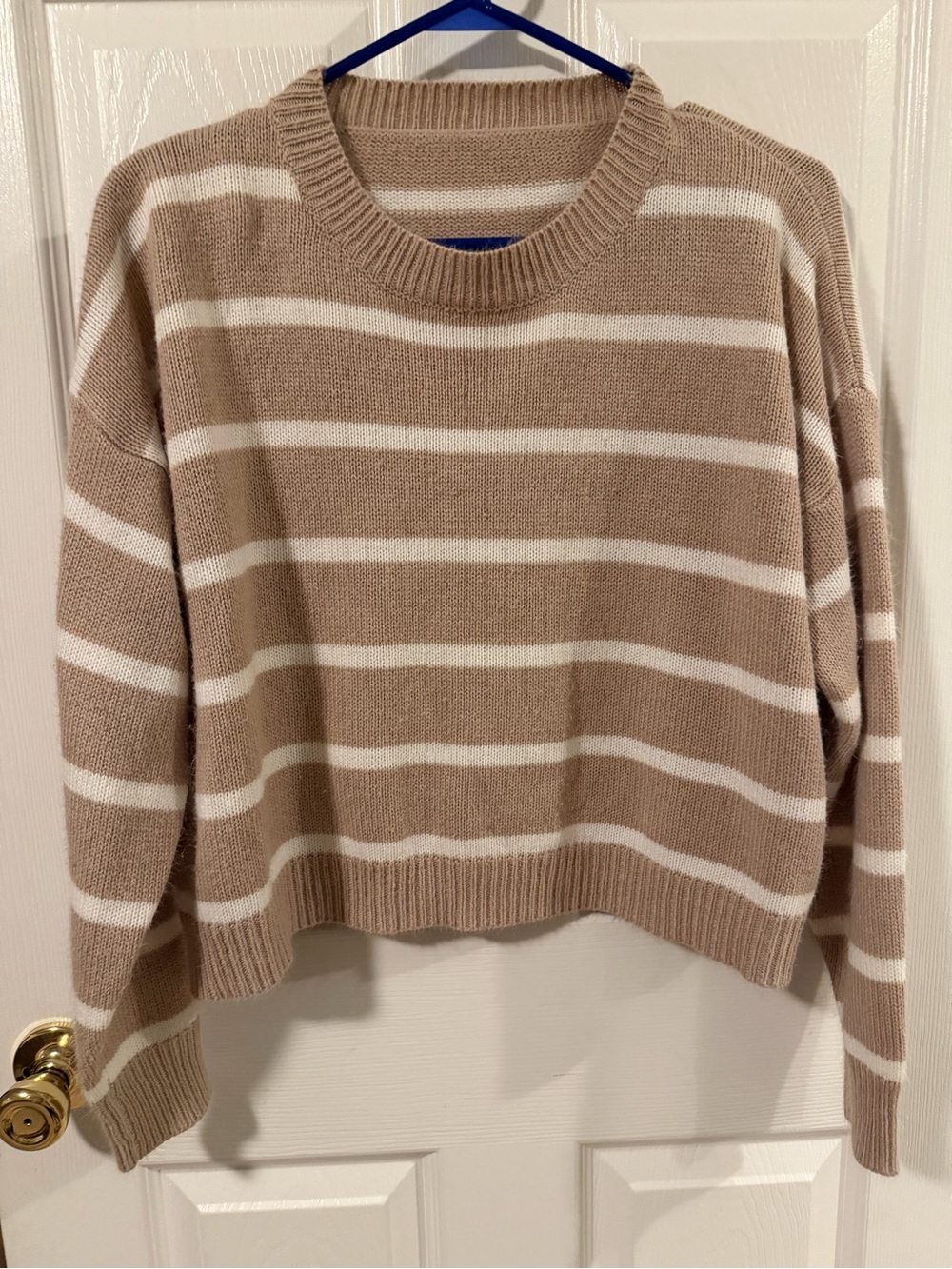 Amazon Beige and White Striped Crewneck Sweater